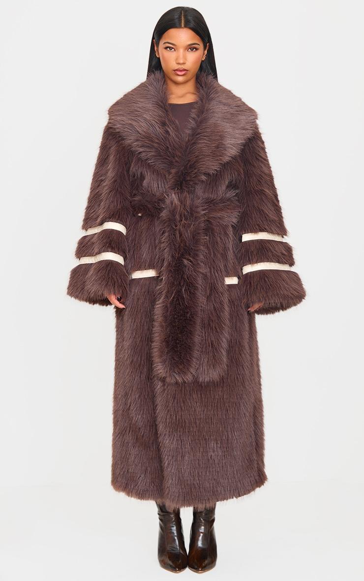 Brown Faux Fur Contrasting Faux Leather Trim Maxi Coat Product Image