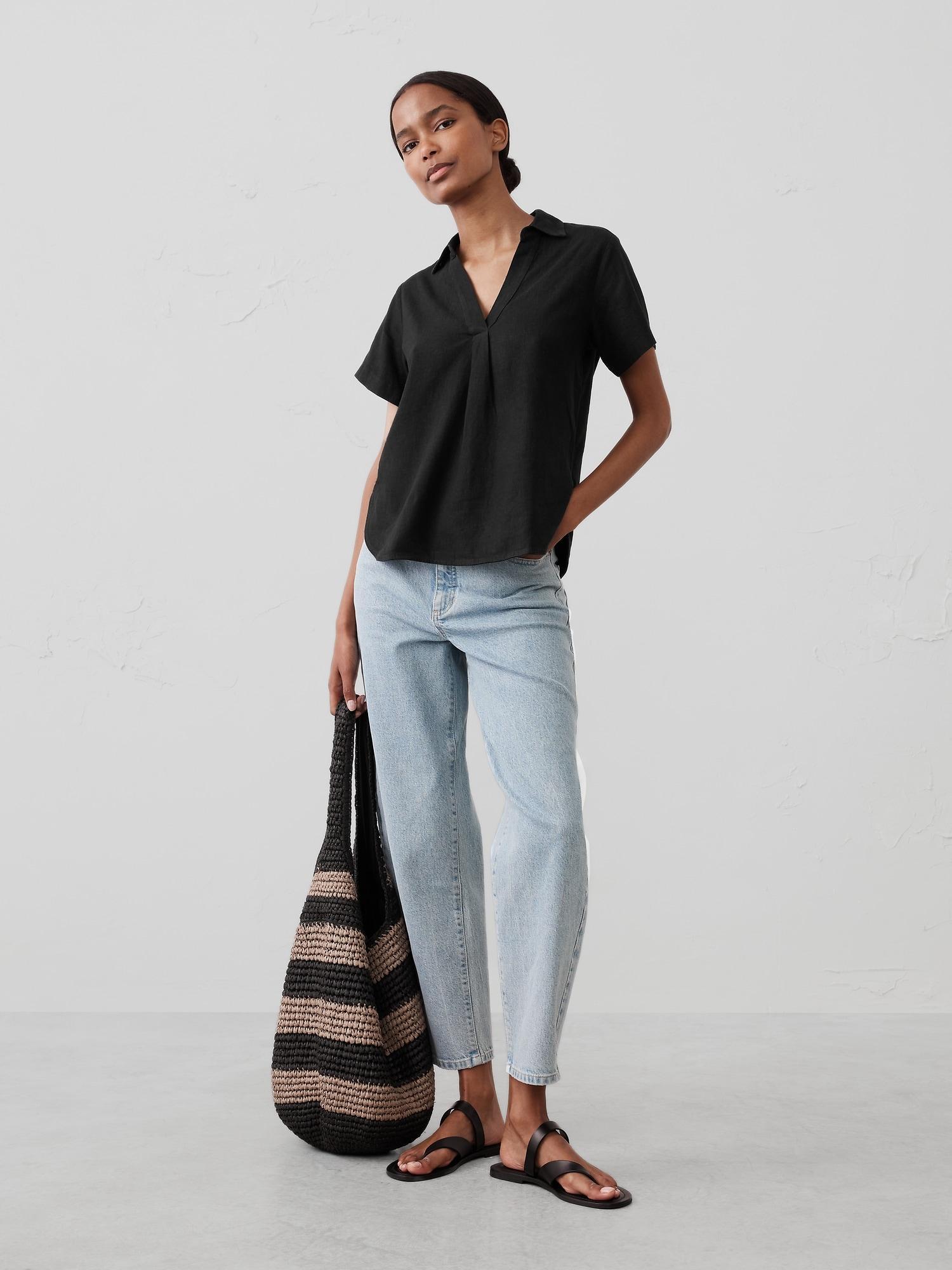 Linen-Blend Collared Top Product Image