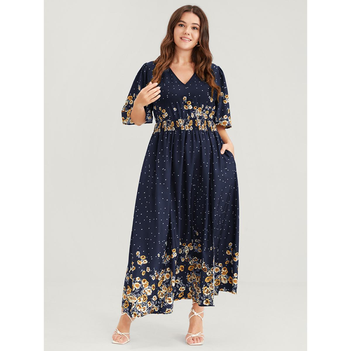 Plus Size Floral Pocket Split Hem Flutter Shirred Maxi Dress Navy Women Casual Printed V-neck Half Sleeve Curvy Midi Dress BloomChic 10/M Product Image