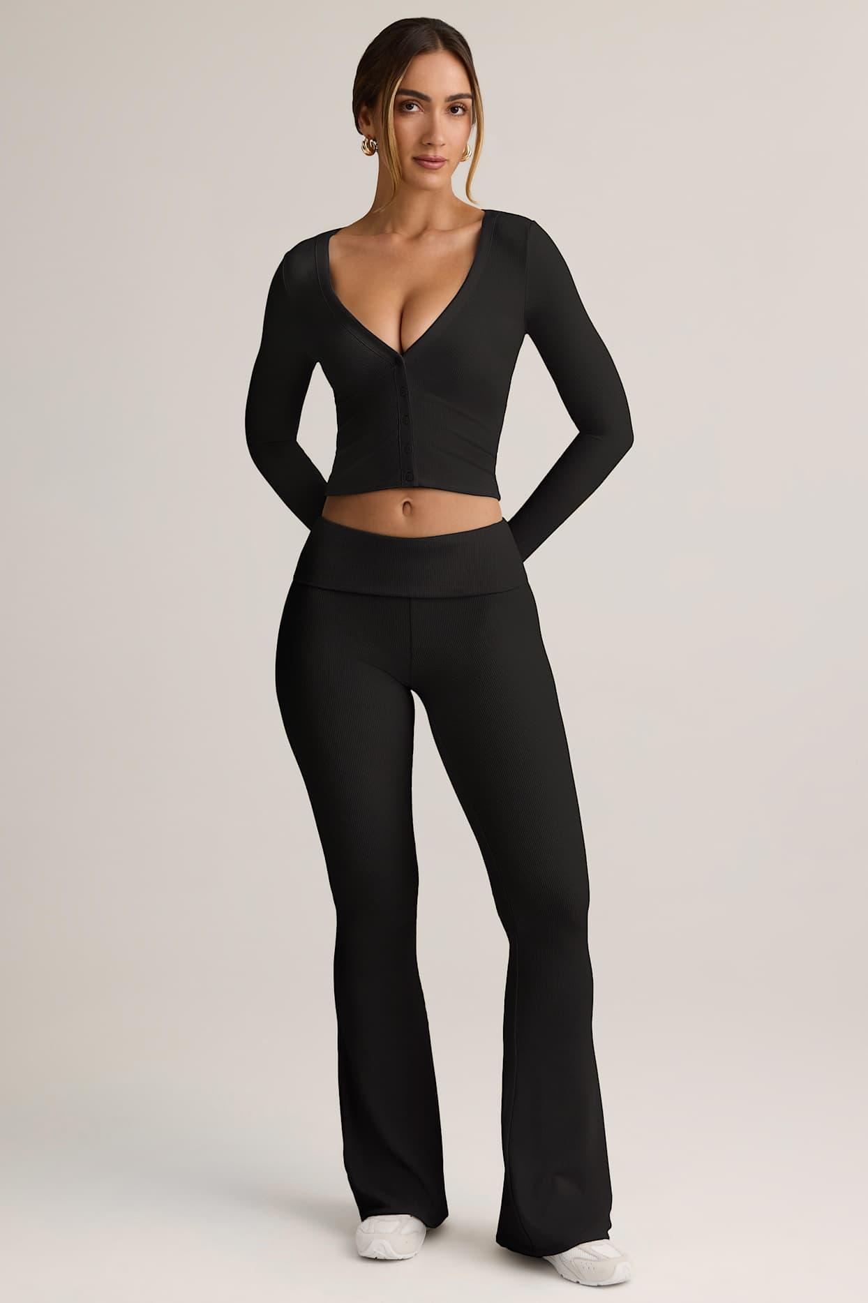 Modal Ribbed Foldover Flared Trousers in Black Product Image