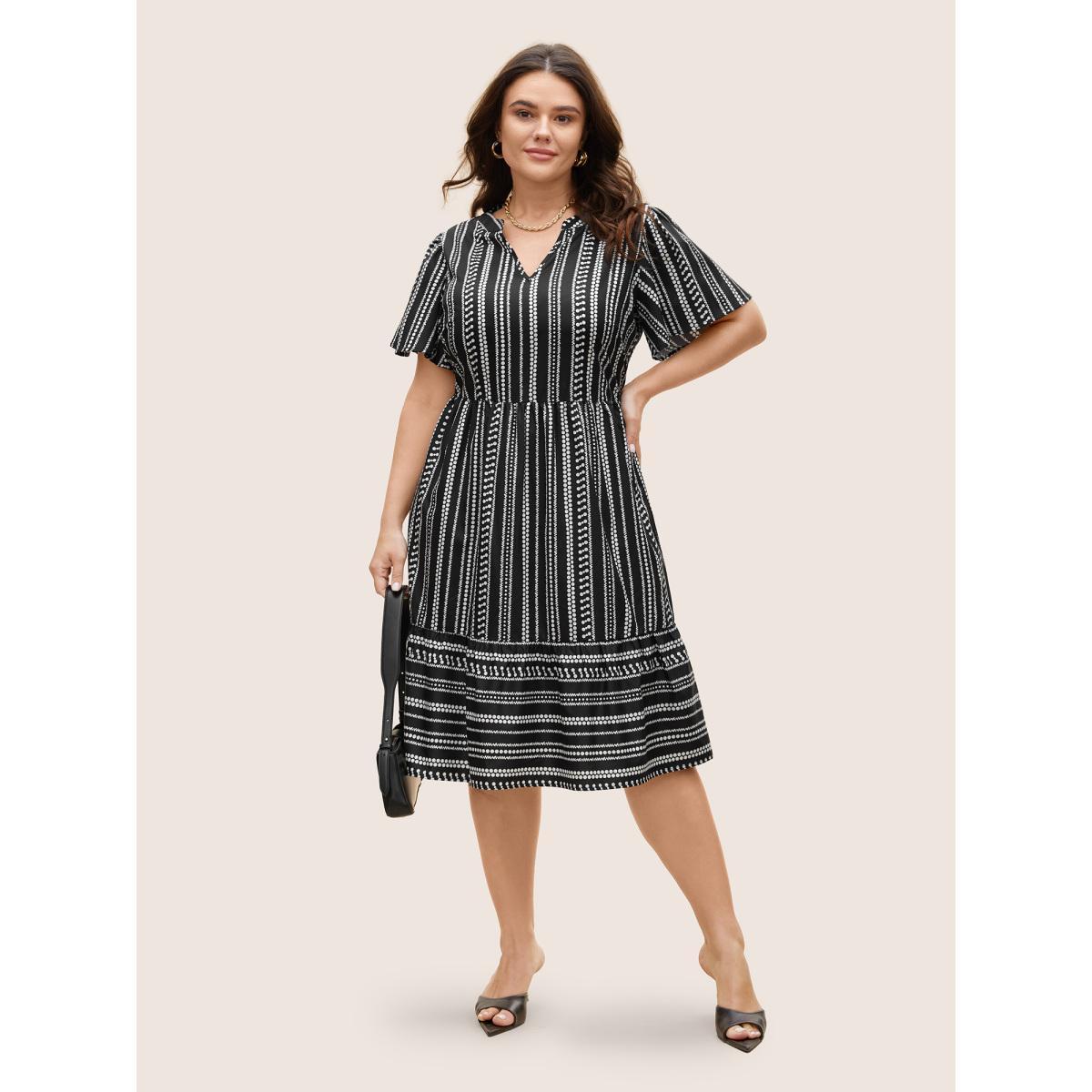 Plus Size Striped Elastic Waist Ruffle Sleeve Dress Black Women Work From Home Ruffles Flat collar with V-notch Short sleeve Curvy BloomChic 14-16/1X Product Image