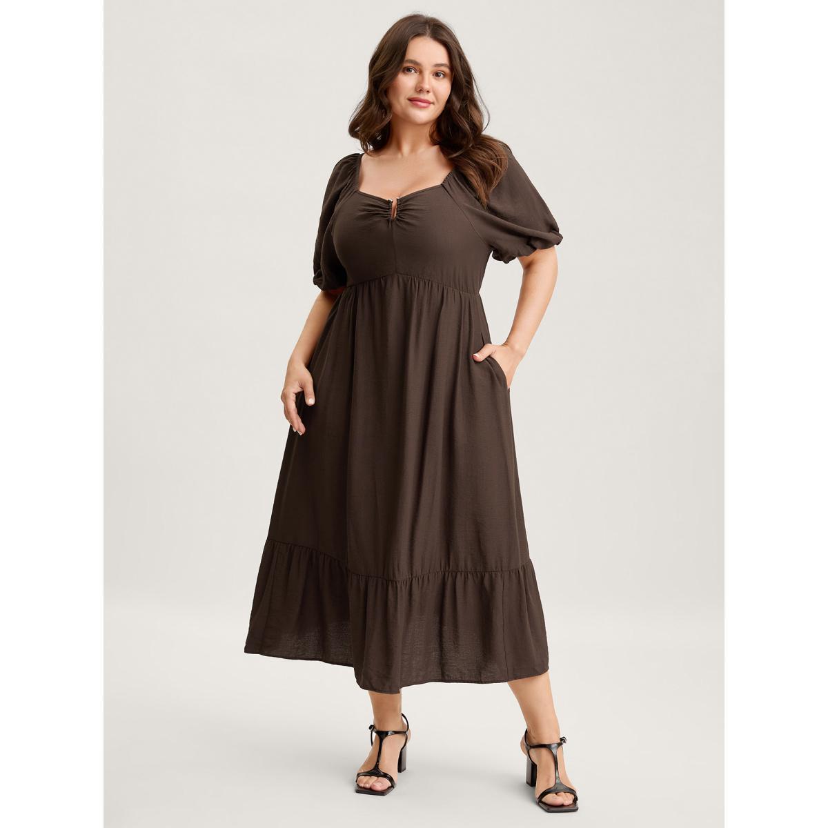 Plus Size Sweetheart U-Buckle Pockets Tiered Midi Dress DarkBrown Women Heart neckline Short sleeve Curvy BloomChic 12/L Product Image