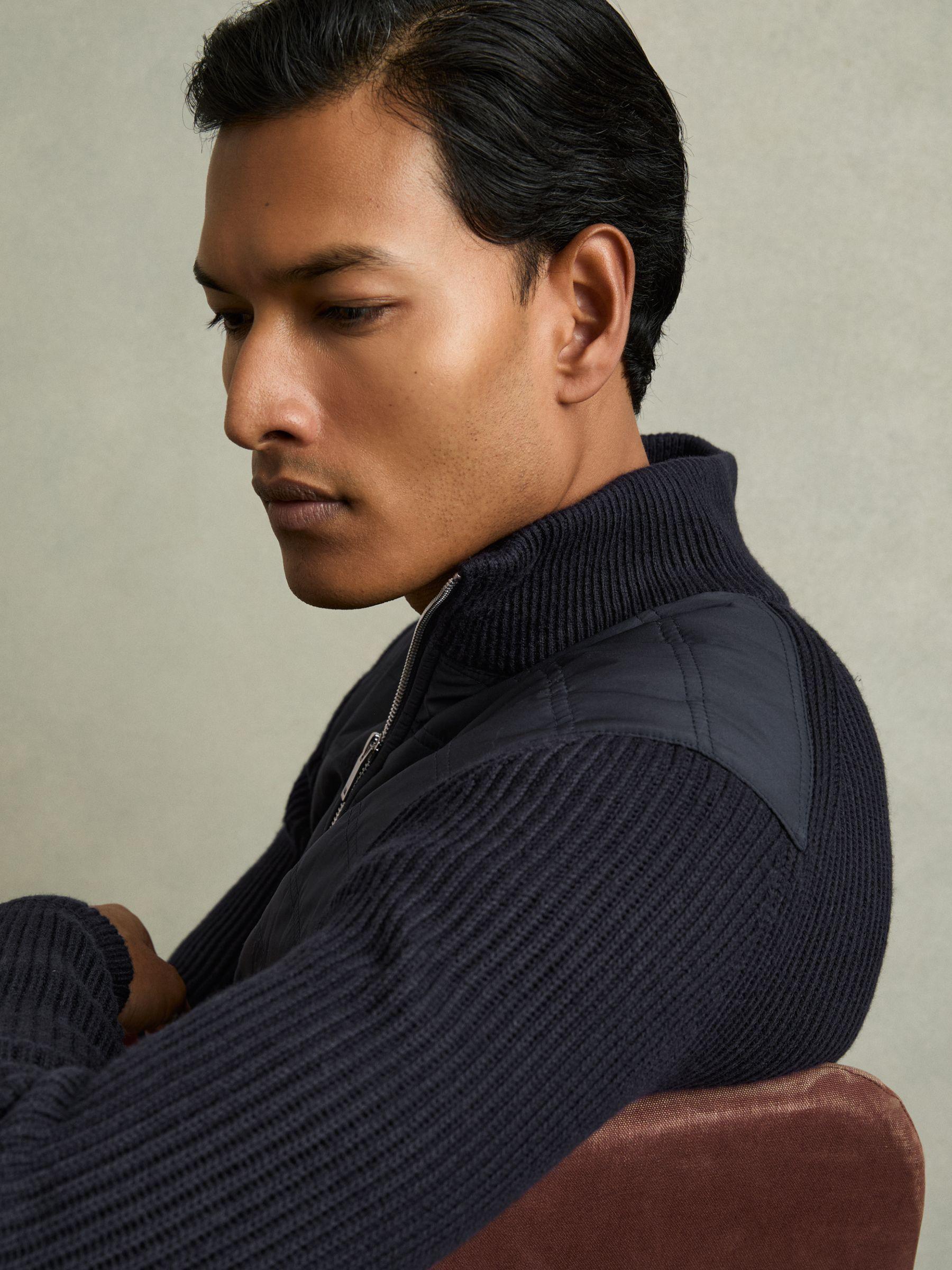 Hybrid Quilt and Knit Zip-Through Jacket in Navy Product Image