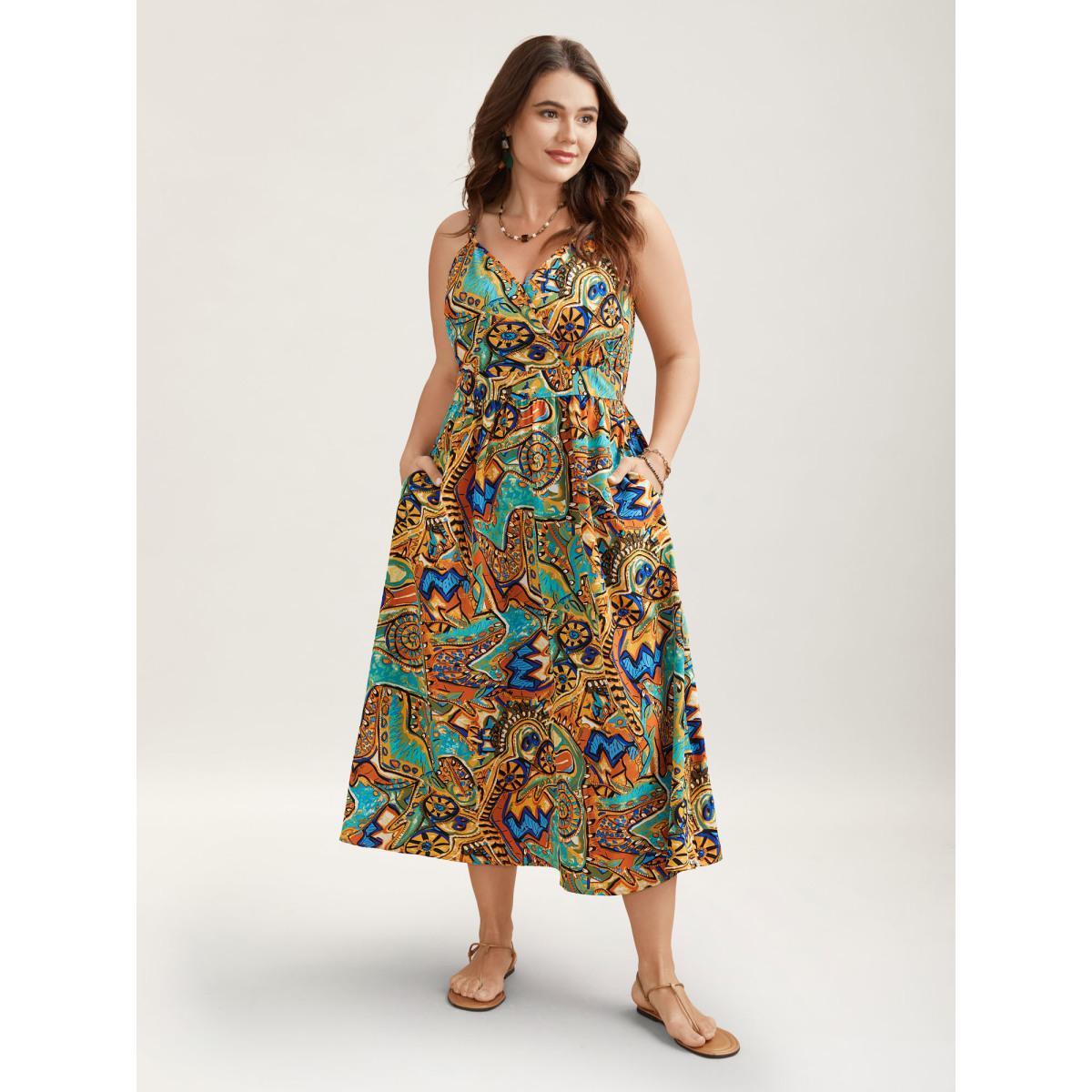 Plus Size Boho Print Stretchy Waist Pockets Maxi Dress Multicolor Women Boho Gathered Overlap Collar Sleeveless Curvy BloomChic 10/M Product Image