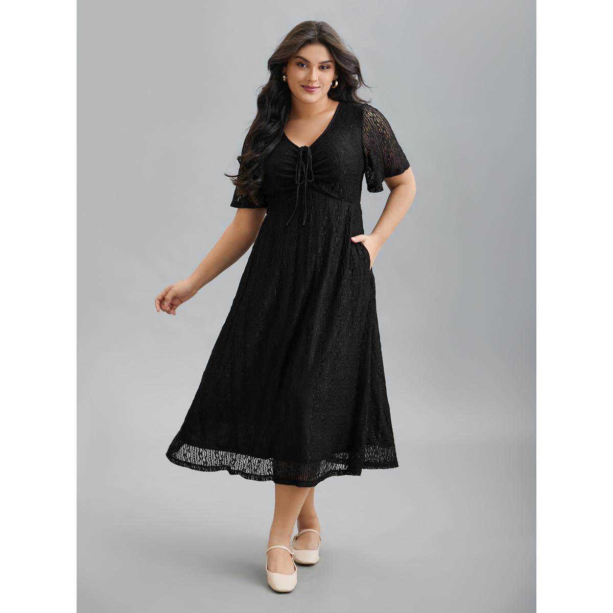 Plus Size Lace V-Neck Bow Drawstring Midi Dress Black Women Casual Tie knot Knit Dresses Bloomchic 12/L Product Image