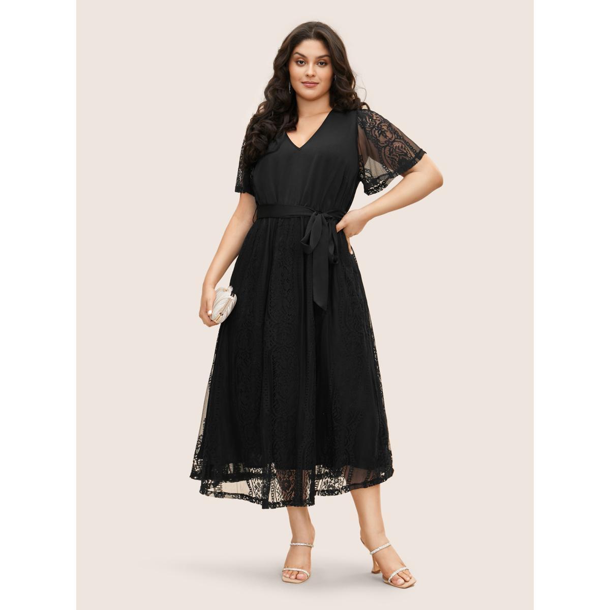 Plus Size Crochet Lace Mesh Backless Maxi Dress Black Women Formal Woven ribbon&lace trim V-neck Short sleeve Curvy BloomChic 22-24/3X Product Image