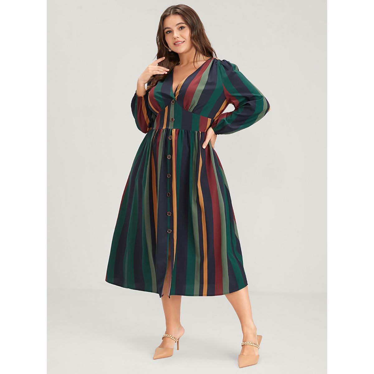 Plus Size Striped Lantern Sleeve Pocket Button Front Midi Dress Multicolor Women Vacation Printed V-neck Long Sleeve Curvy Midi Dress BloomChic 10/M Product Image