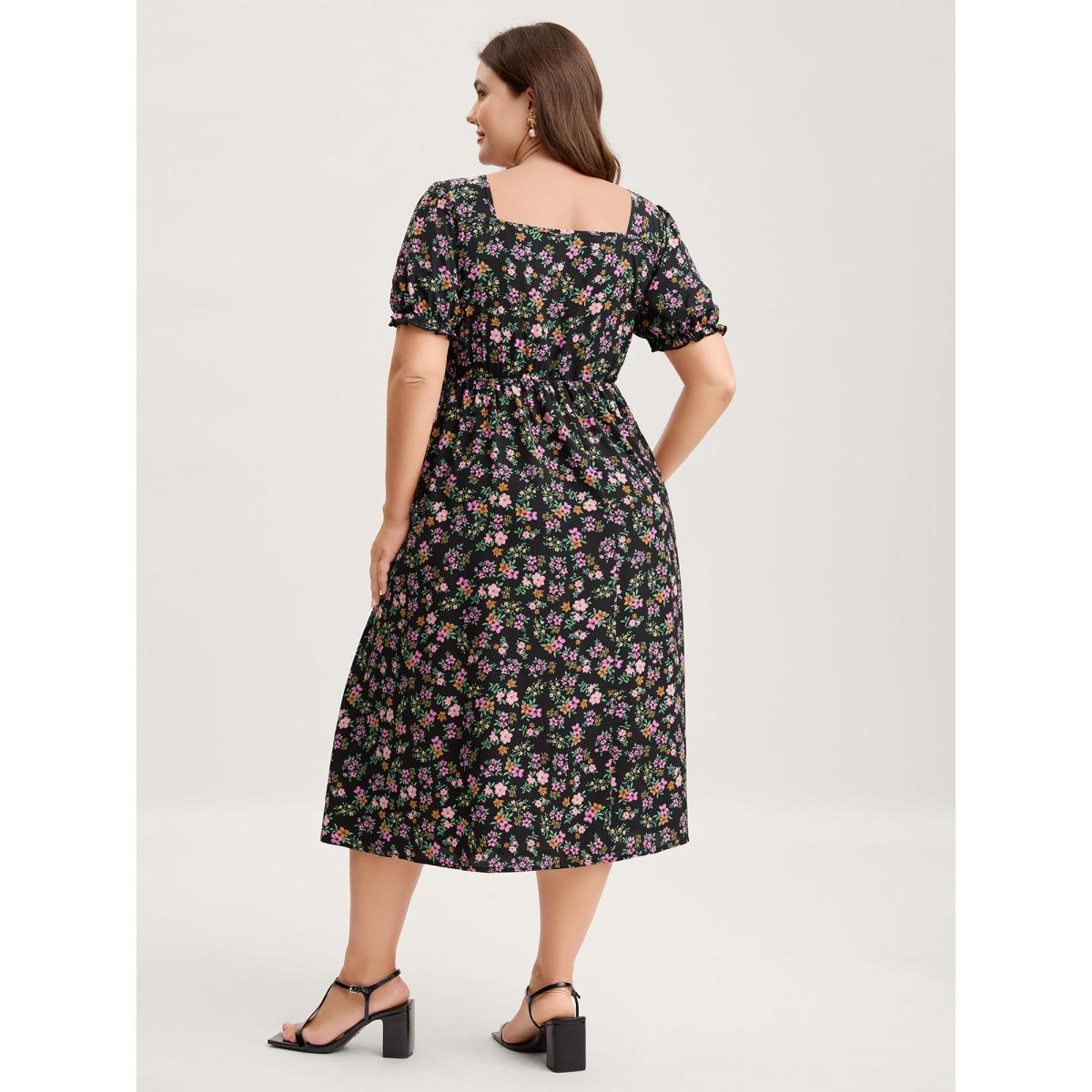 Plus Size Floral Shirred Bodice Contrast Midi Dress Black Women Romantic Gathered Square Neck Short sleeve Curvy BloomChic 30/6X Product Image