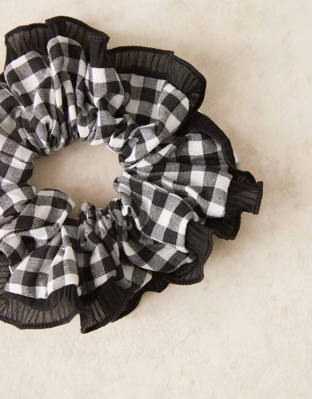 ASOS DESIGN scrunchie hairband with gingham print and contrast frill edge Product Image