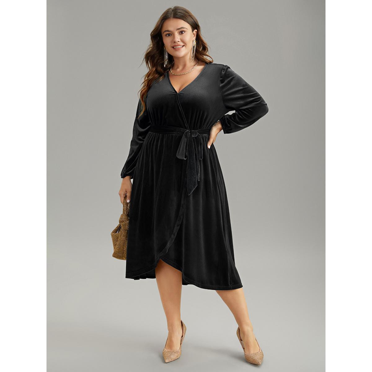 Plus Size Solid Velvet Belted Wrap Arc Hem Dress Black Women Elegant Elastic cuffs Overlap Collar Long Sleeve Curvy Midi Dress BloomChic 18-20/2X Product Image