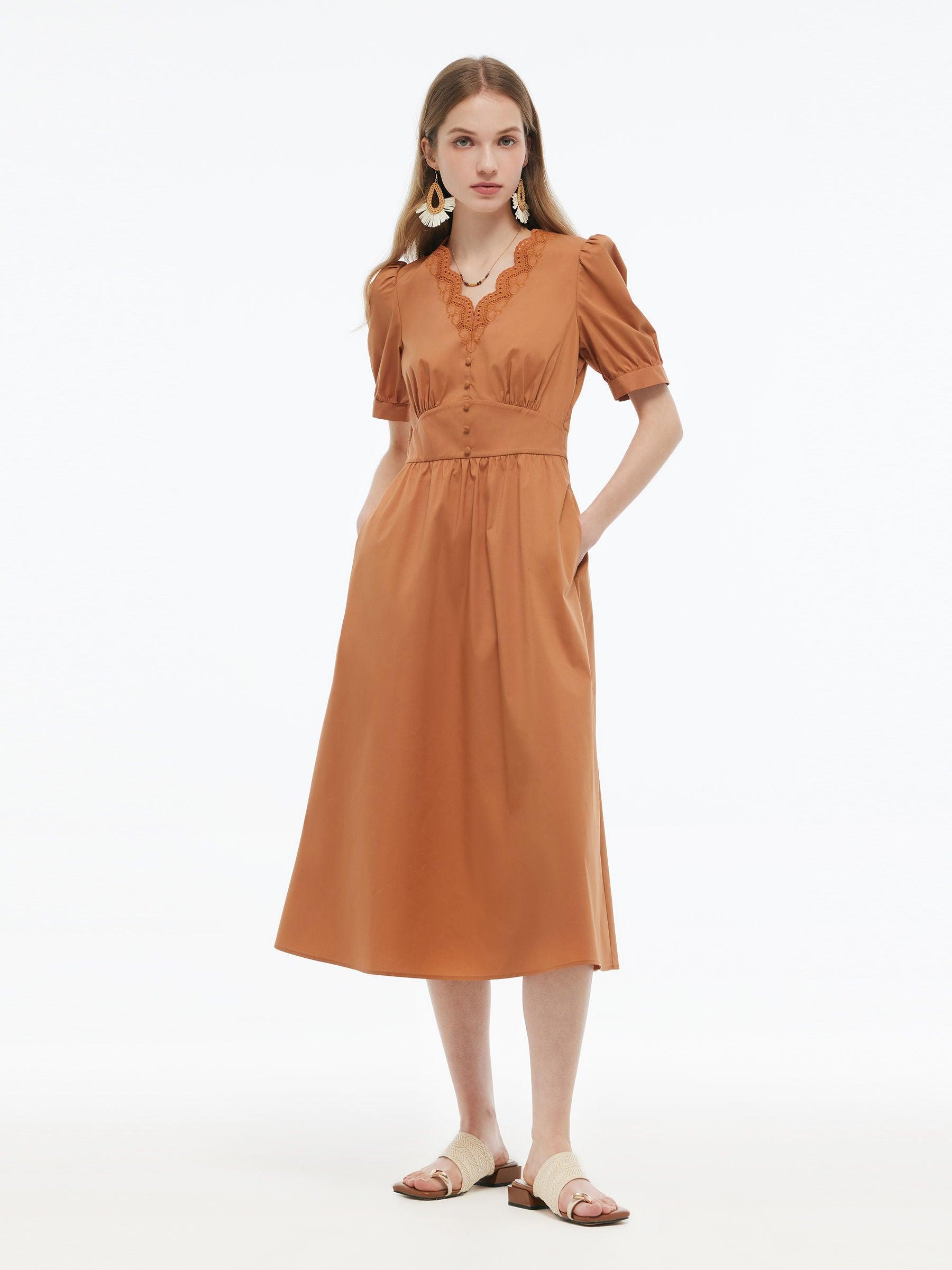 Embroidered Scallop Hem V-Neck Women Gathered Waist Maxi Dress Product Image