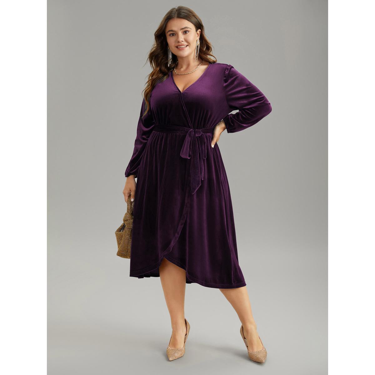 Plus Size Solid Velvet Belted Wrap Arc Hem Dress Black Women Elegant Elastic cuffs Overlap Collar Long Sleeve Curvy Midi Dress BloomChic 18-20/2X Product Image