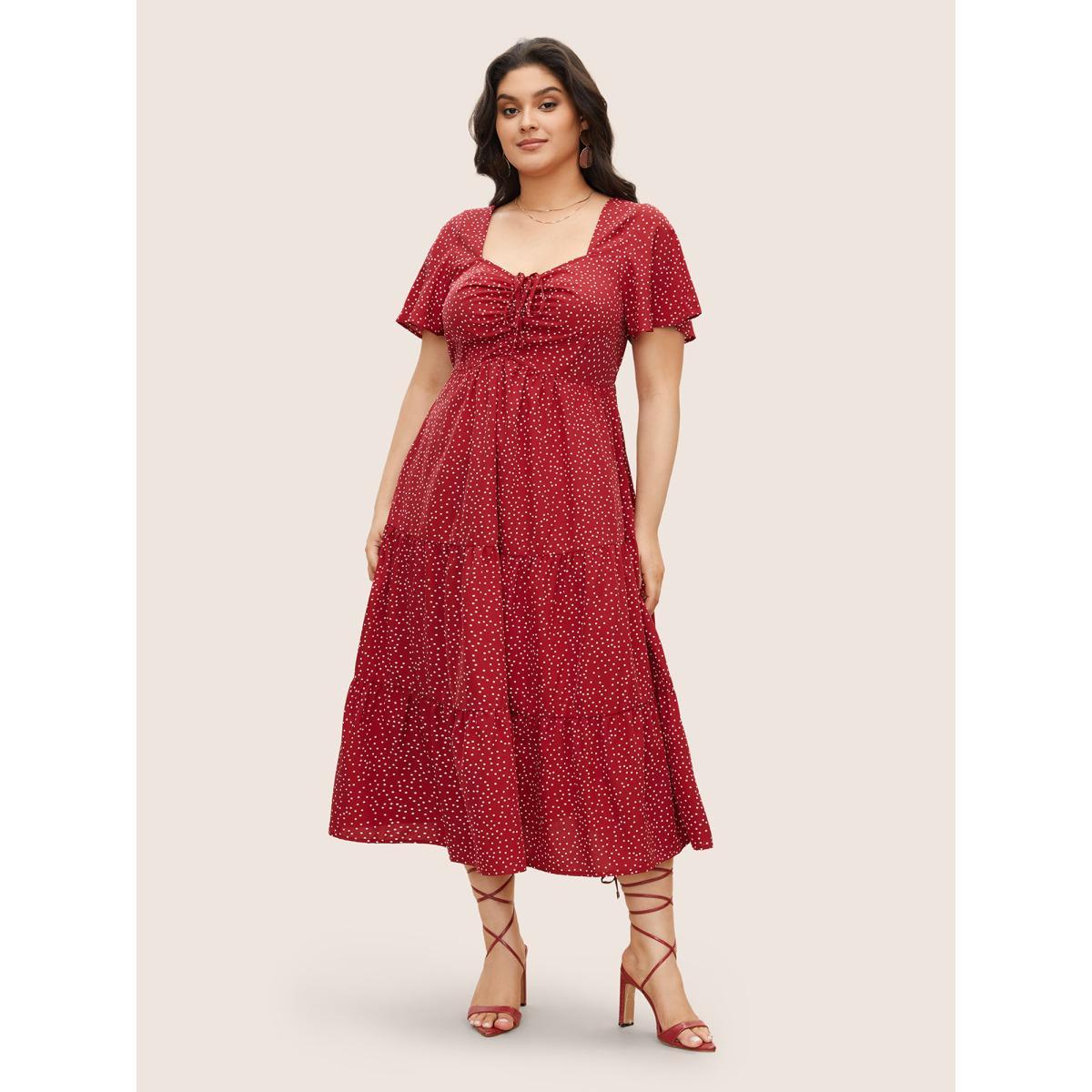 Plus Size Polka Dot Drawstring Ruffle Tiered Ruched Pocket Midi Dress Red Women Elegant Non Heart neckline Short sleeve Curvy Midi Dress BloomChic 12/L Product Image