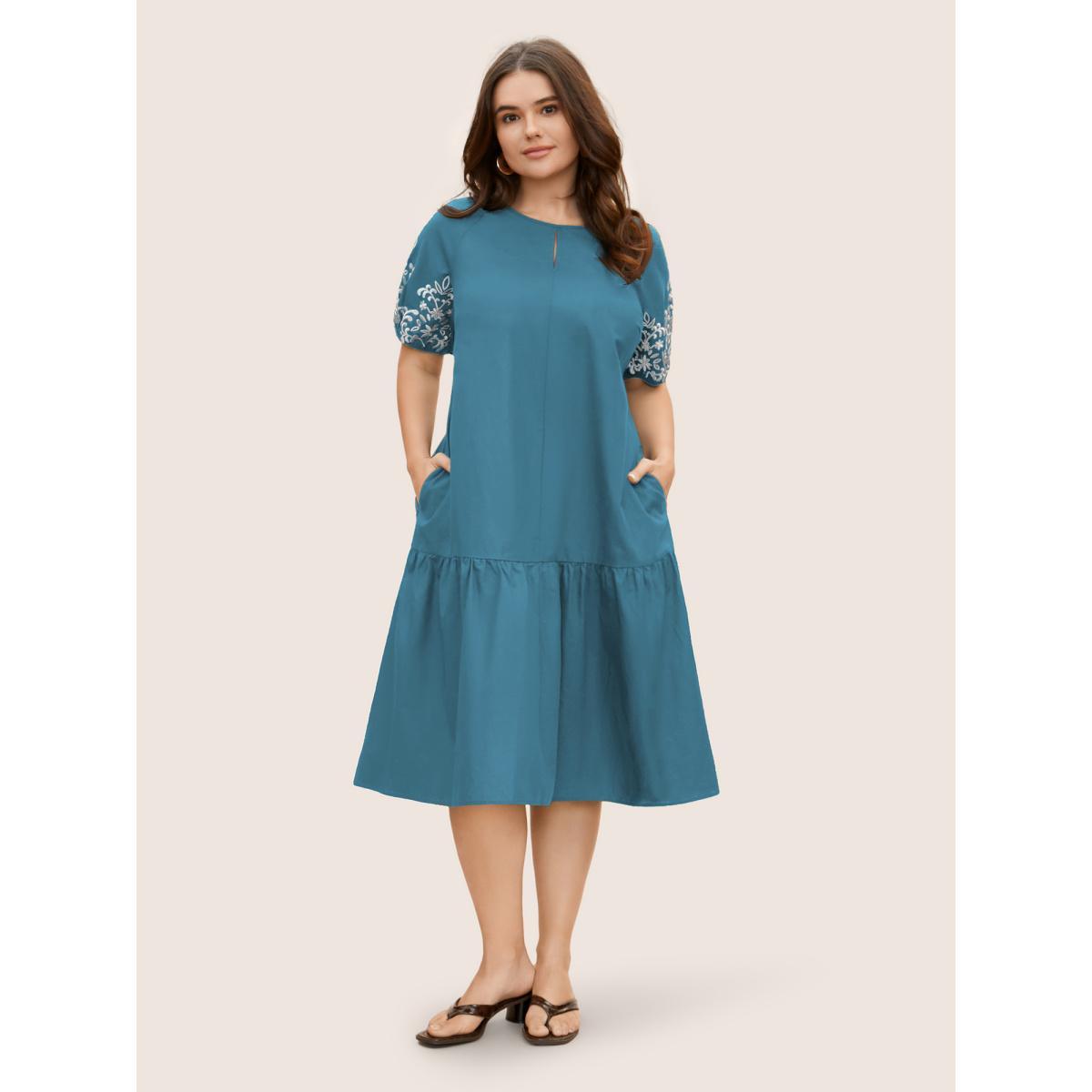 Plus Size Floral Embroidered Keyhole Lantern Sleeve Dress Cerulean Women Casual Gathered Round Neck Half Sleeve Curvy BloomChic 10/M Product Image