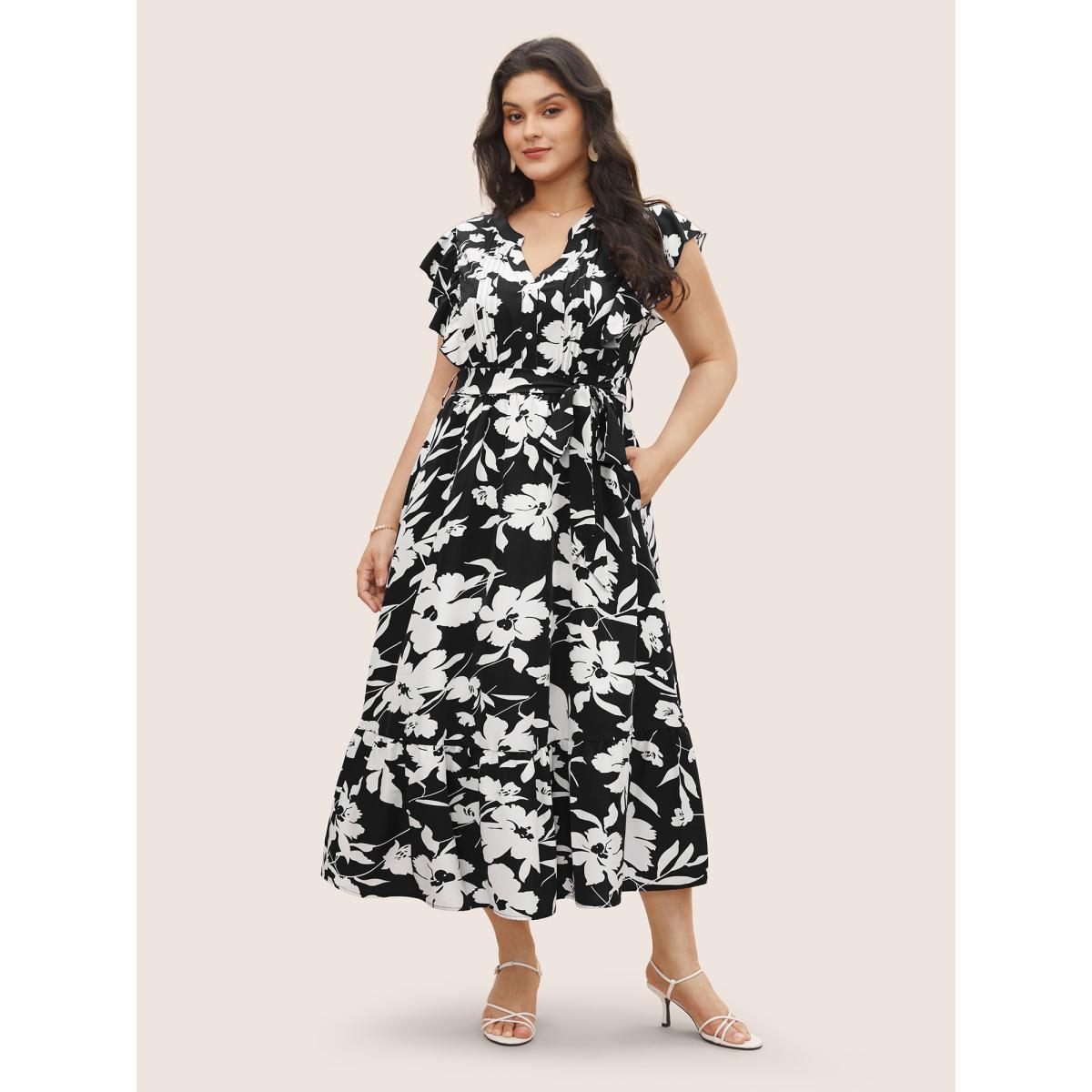 Plus Size Silhouette Floral Print Ruffle Cap Sleeve Dress Black Women Elegant Belted V-neck Sleeveless Curvy Midi Dress BloomChic 28/5X Product Image