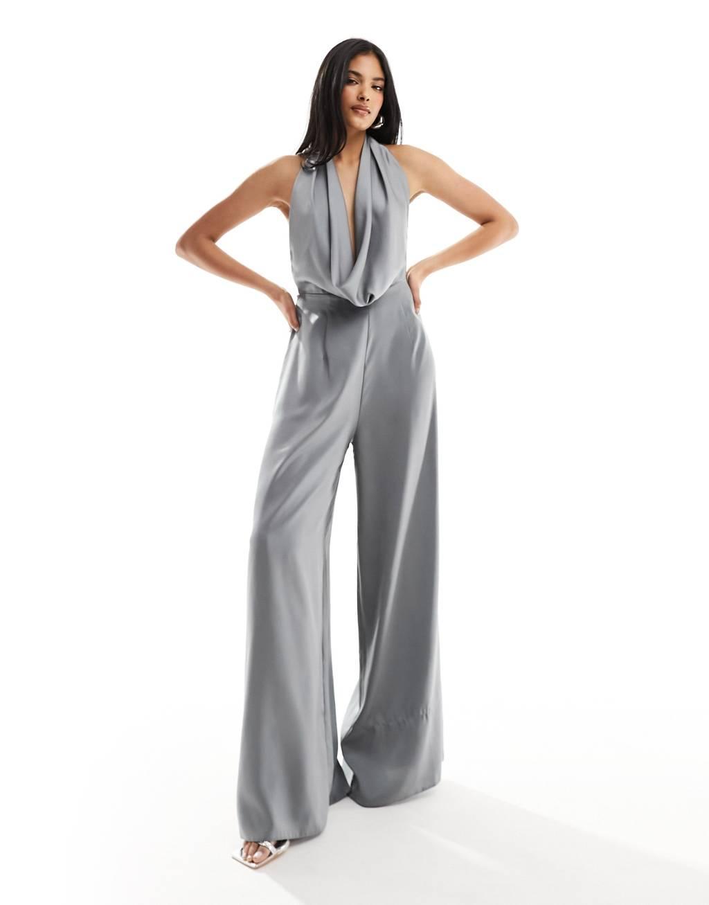 ASOS DESIGN satin cowl neck halter jumpsuit Product Image