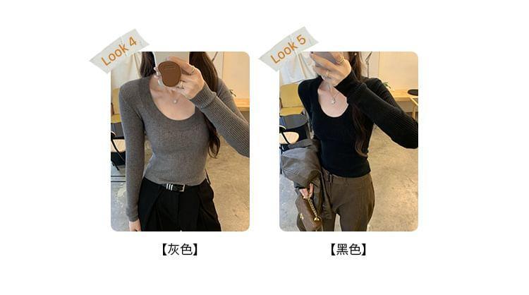 Long Sleeve Scoop Neck Plain Ribbed Knit Top Product Image