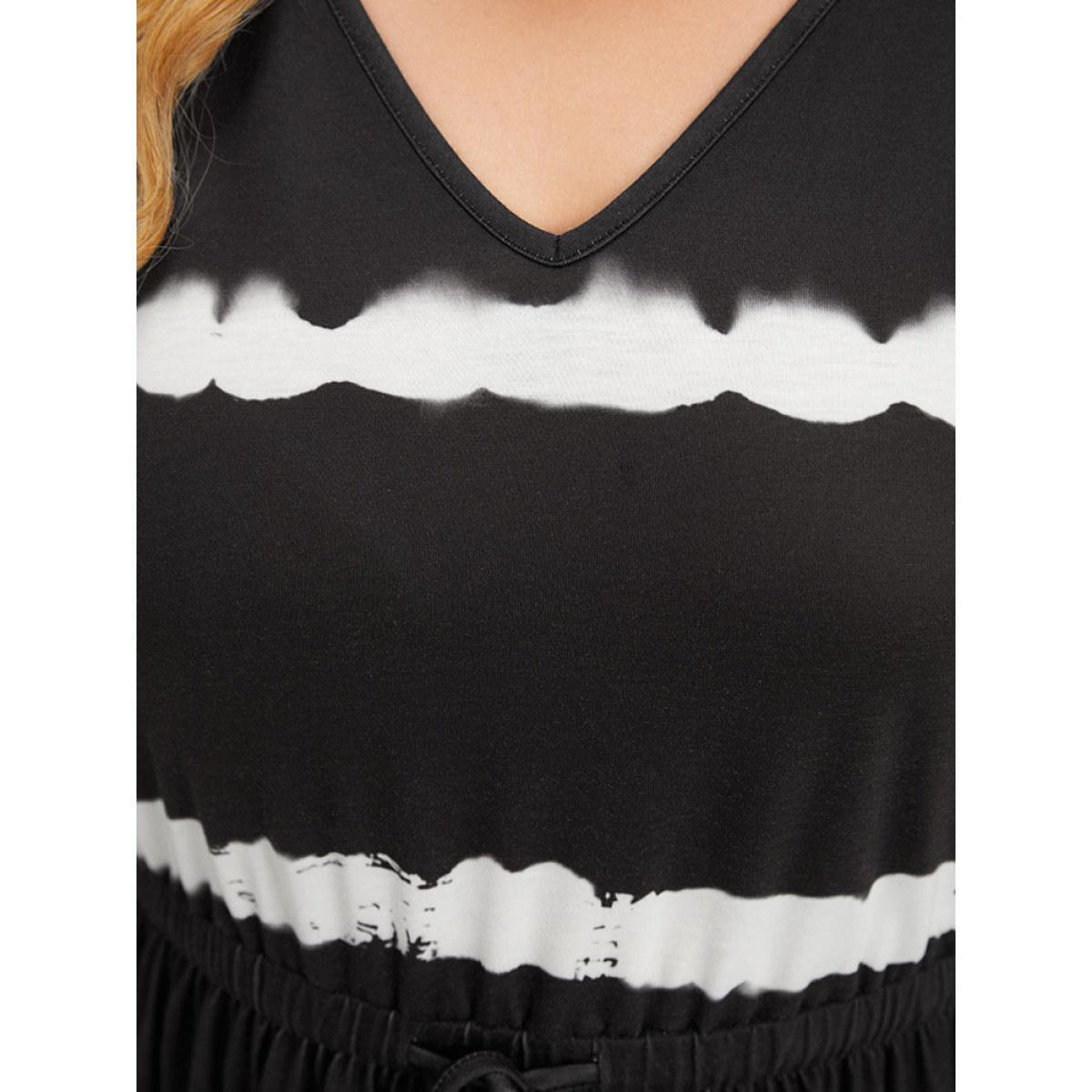 Plus Size Striped Tie Dye Pocket Drawstring Gathered Dress Black Women Casual Gathered V-neck Short sleeve Curvy Midi Dress BloomChic 10/M Product Image