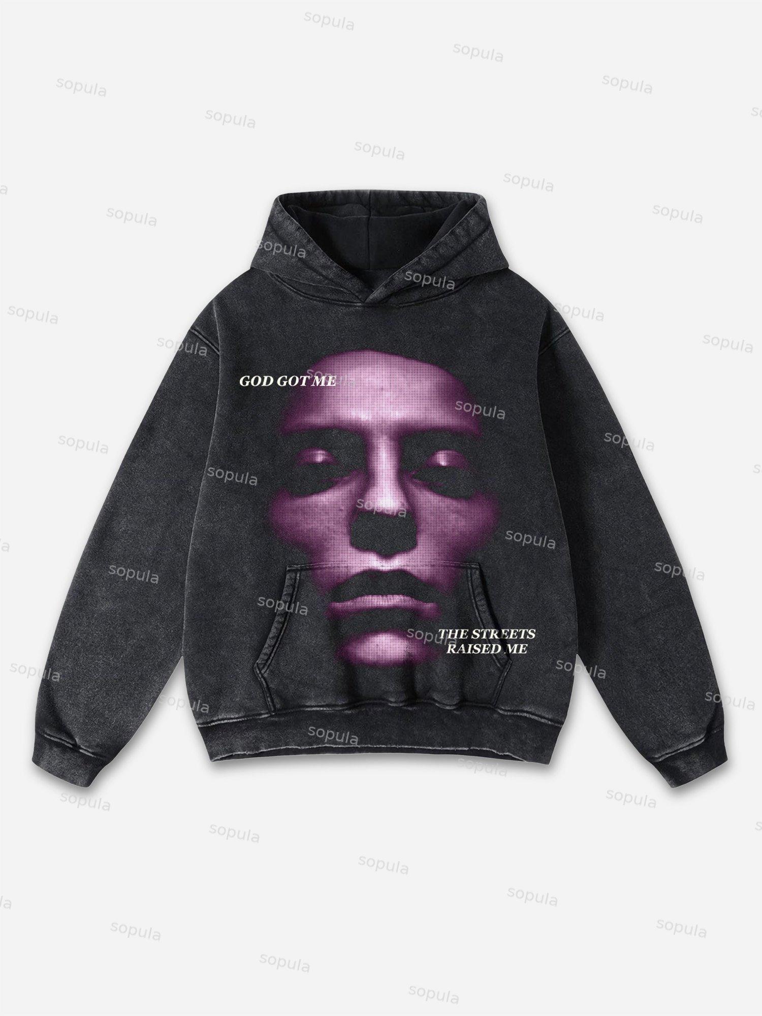 Sopula Vintage Street Portrait Graphic Print Washed Hoodie Product Image