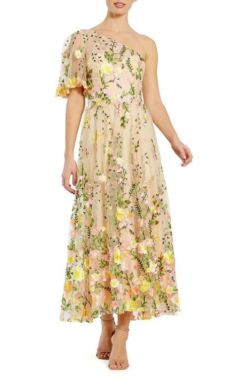 Womens Floral Embroidered One-Shoulder Midi-Dress Product Image