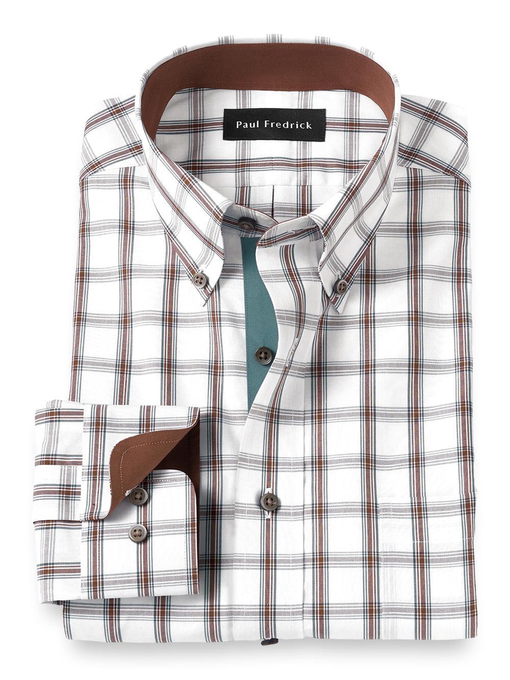 Non-Iron Cotton Windowpane Dress Shirt With Contrast Trim - Brown/pine Product Image