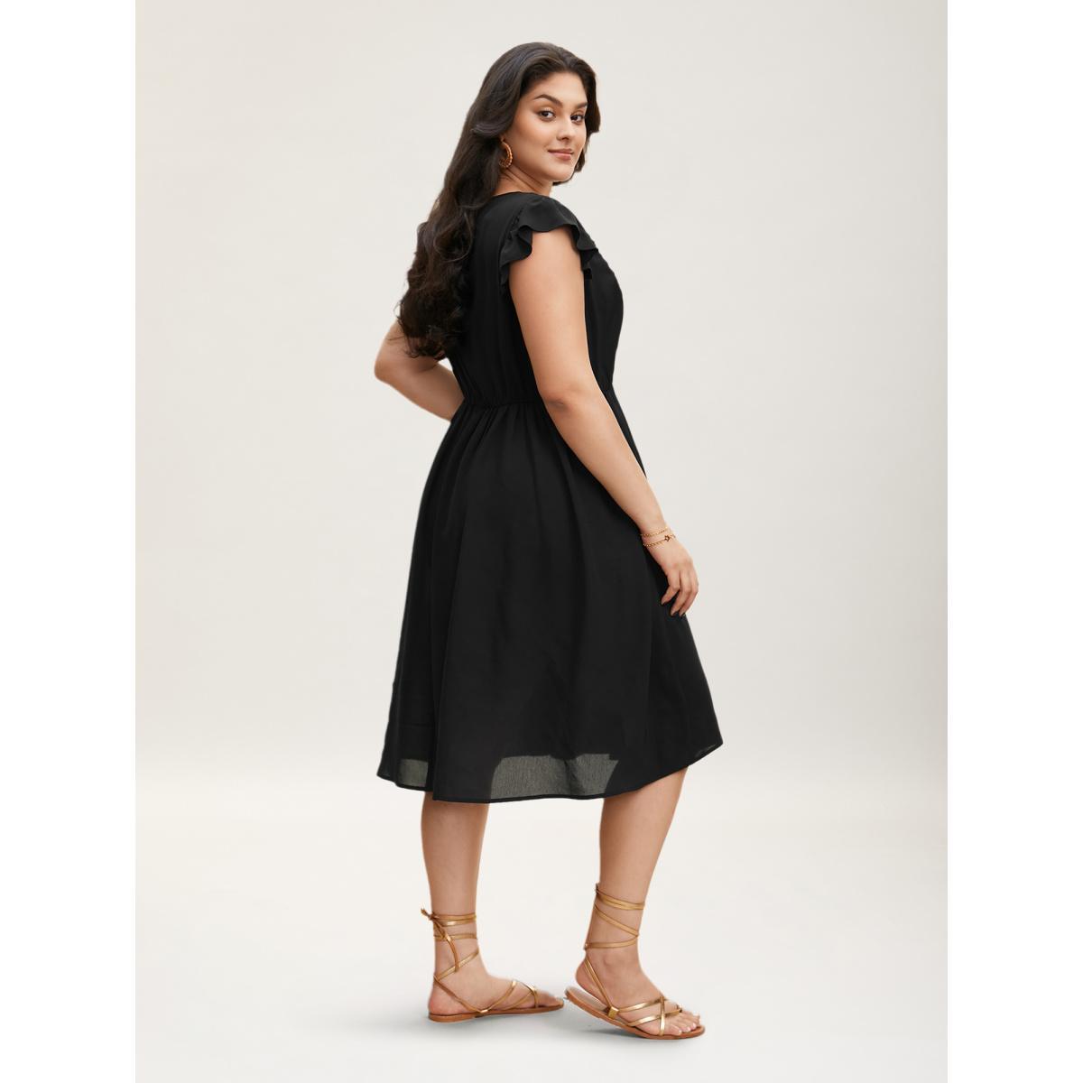 Plus Size Floral Embroidered V Neck Ruffle Cap Sleeve Dress Black Women Boho Embroidered V-neck Cap Sleeve Curvy BloomChic 14-16/1X Product Image