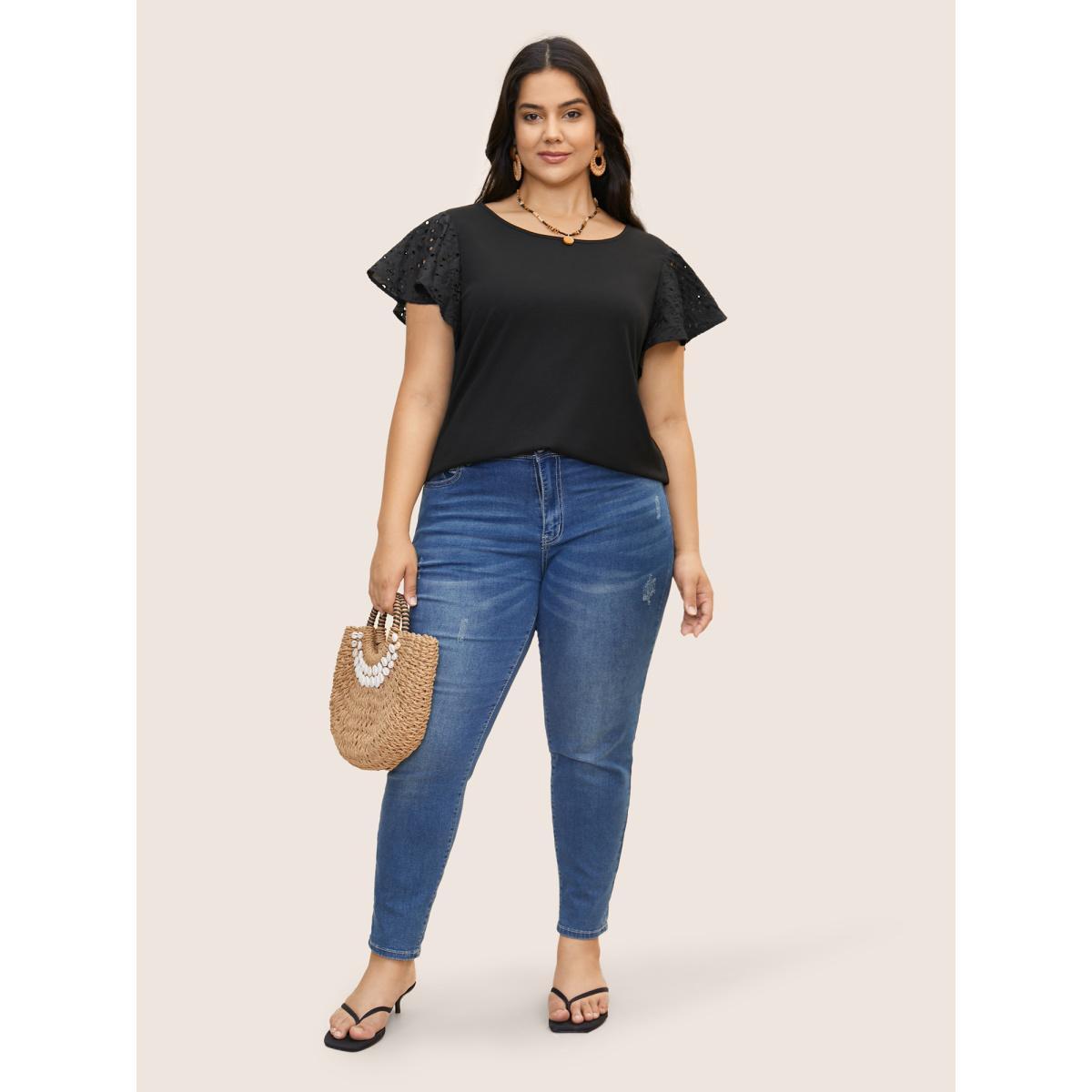 Plus Size Solid Broderie Anglaise Ruffle Cap Sleeve T-shirt Black Women Resort Cut-Out Round Neck Vacation T-shirts BloomChic 22-24/3X Product Image