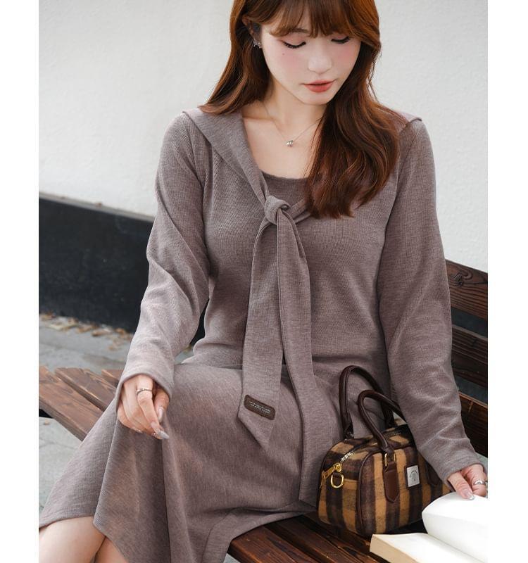 Long-Sleeve Tie-Neck Plain Midi A-Line Dress Product Image