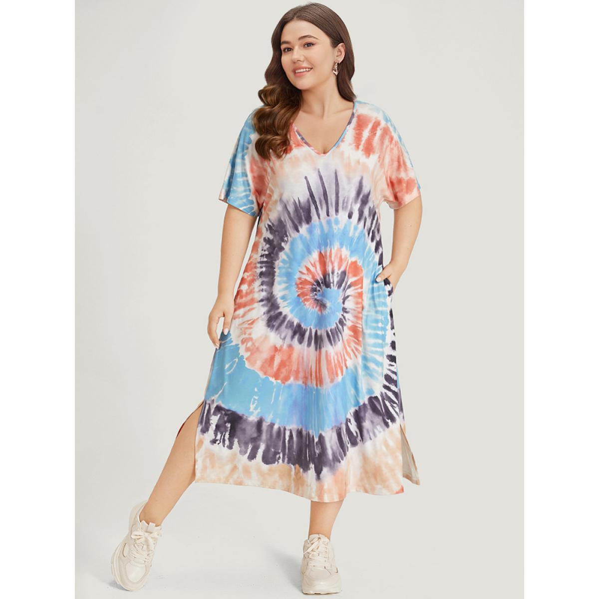 Plus Size Tie Dye Pocket Split Side Dolman Sleeve Dress Multicolor Women Casual Tie Dye V-neck Short sleeve Curvy Midi Dress BloomChic 28/5X Product Image