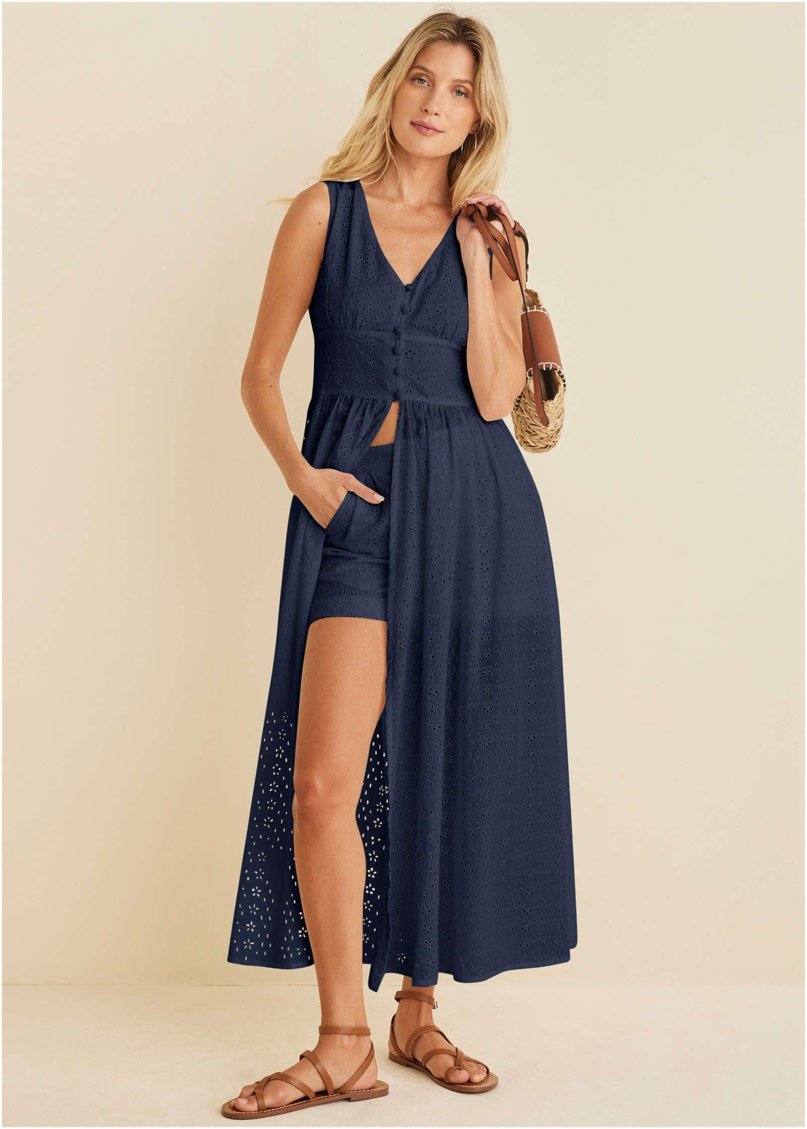 Eyelet Cuffed Button Shorts - Navy Product Image