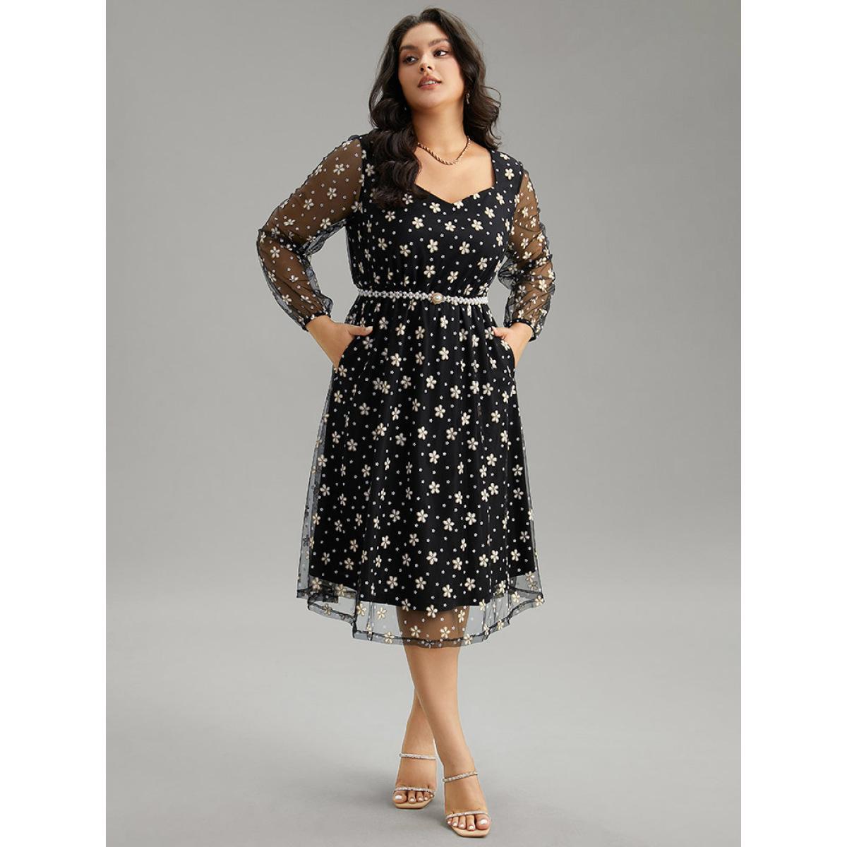 Plus Size Floral Lace Mesh Pocket Elastic Waist Dress Black Women Party Elastic cuffs Square Neck Long Sleeve Curvy Midi Dress BloomChic 30/6X Product Image