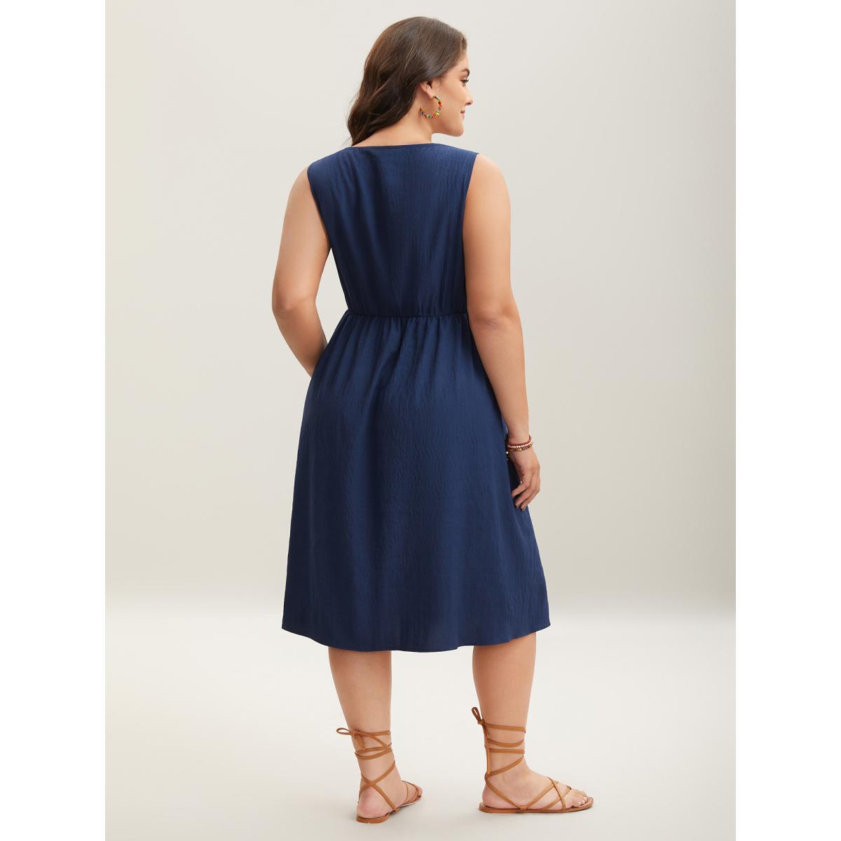 Plus Size Imitation Embroidery Woven Sleeveless Midi Dress Navy Women Boho Asymmetrical Neck Sleeveless Curvy BloomChic 12/L Product Image