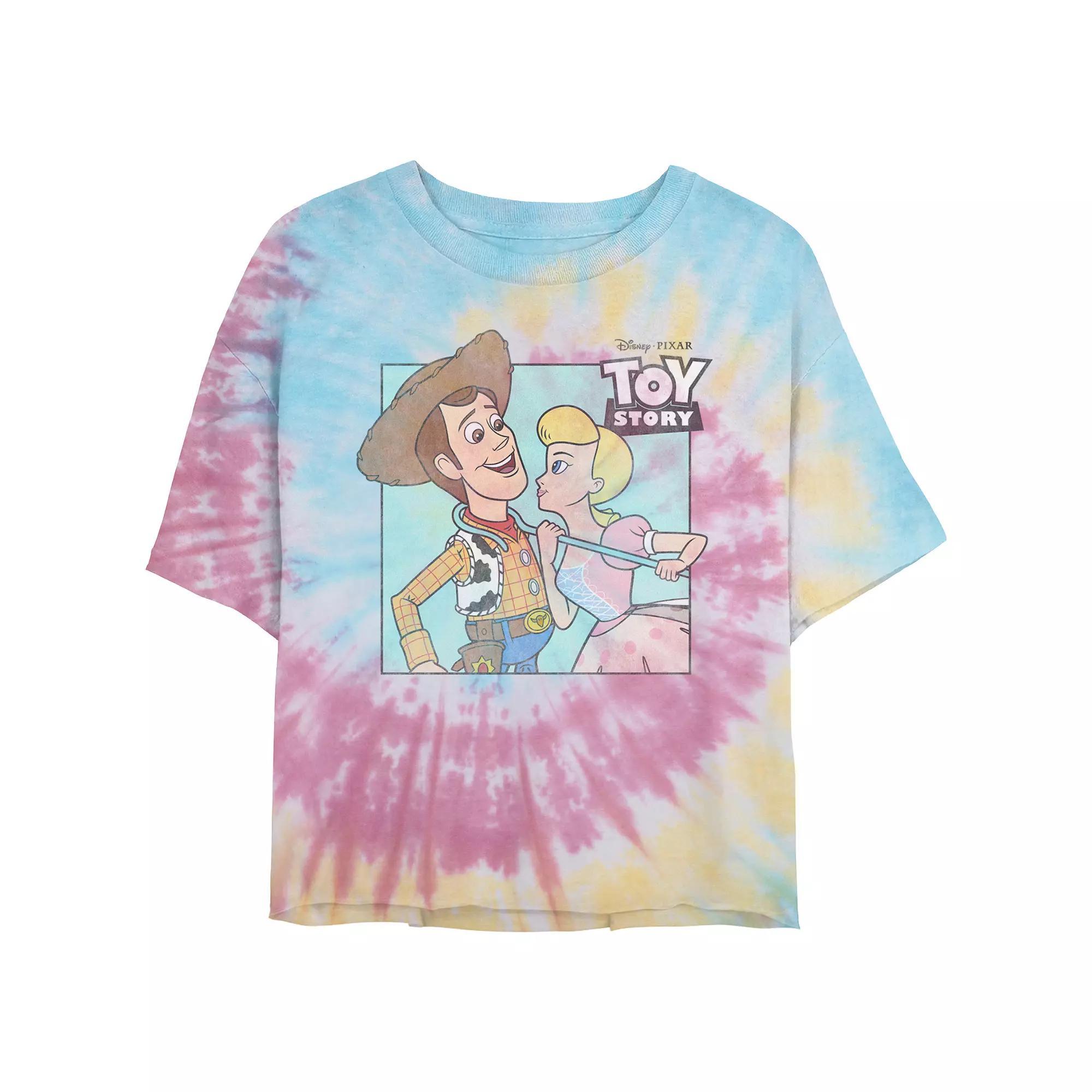 Disney / Pixar's Toy Story Woody And Bo Peep About To Kiss Juniors' Cropped Tie Dye Graphic Tee, Women's, Size: Medium, Blue Pink Light Yellow Product Image