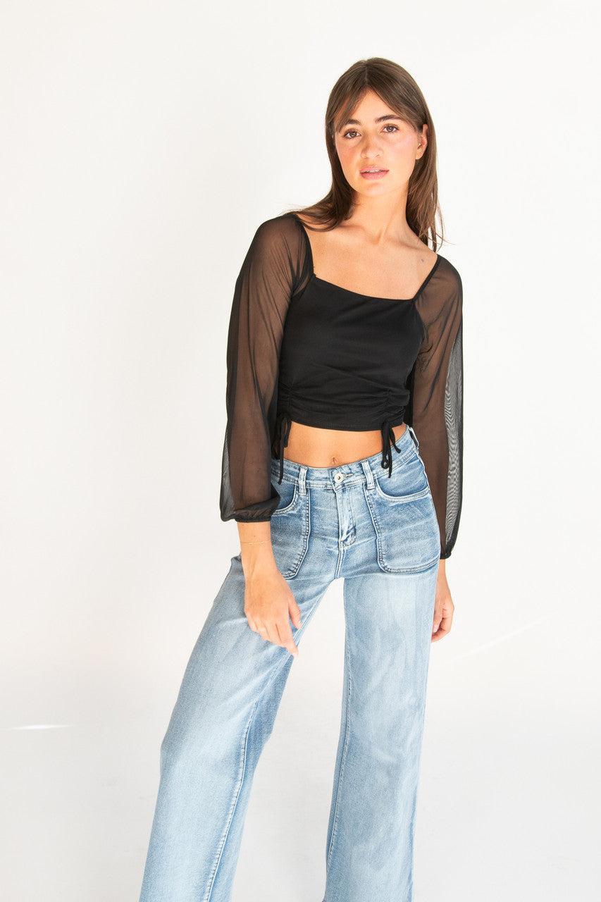 Mesh Ruched Front Long Sleeve Top Product Image