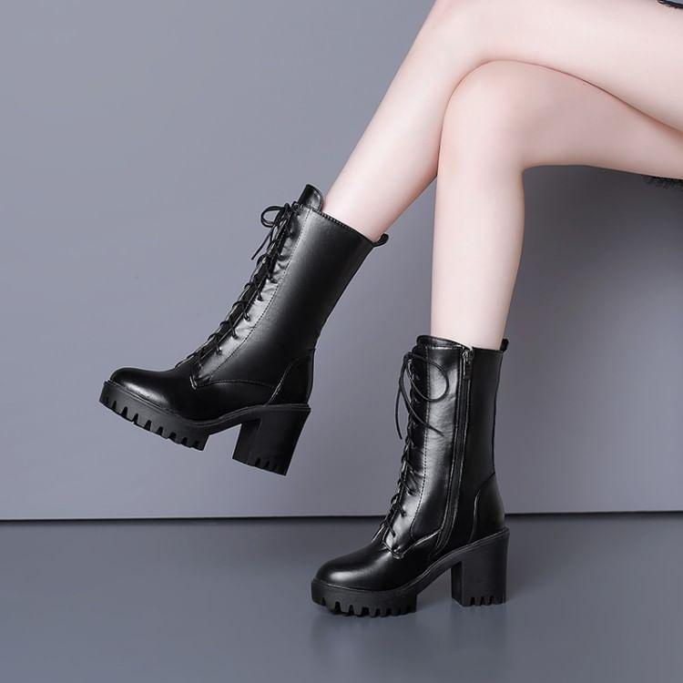 Platform Lace Up Block Heel Mid Calf Boots Product Image