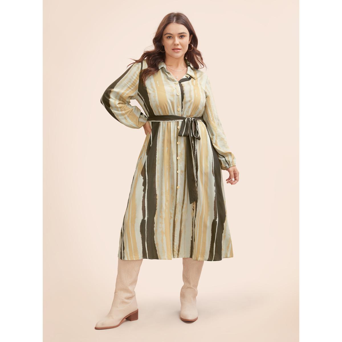 Plus Size Shirt Collar Striped Pocket Belted Dress Multicolor Women Elegant Belted Shirt collar Long Sleeve Curvy BloomChic 12/L Product Image
