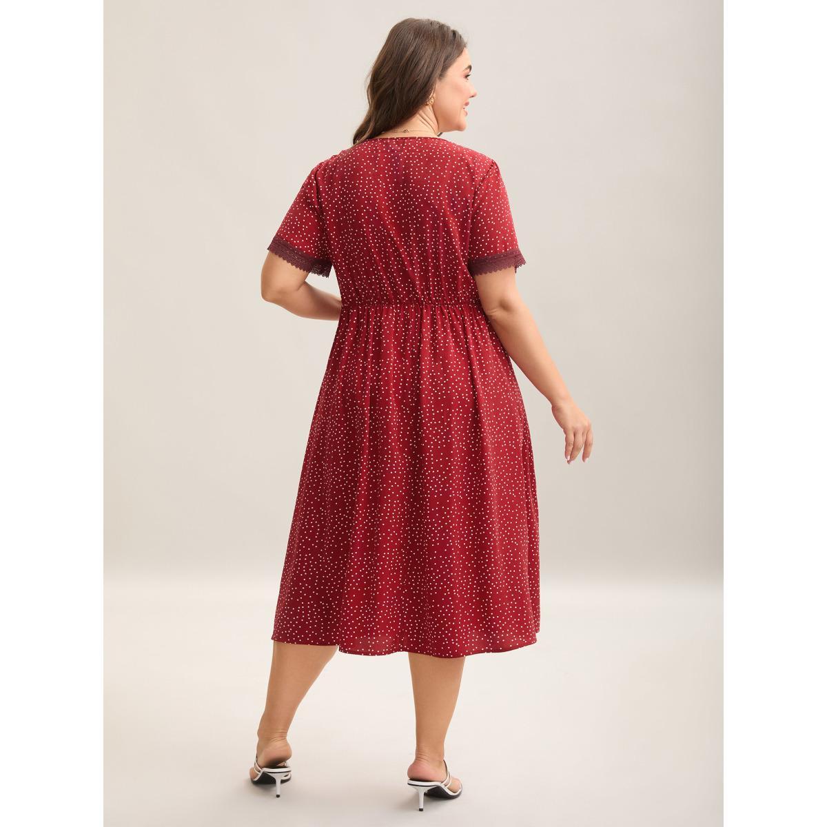 Plus Size Polka Dots Lace Waist-Cinched Midi Dress Scarlet Women V-neck Short sleeve Curvy BloomChic 12/L Product Image