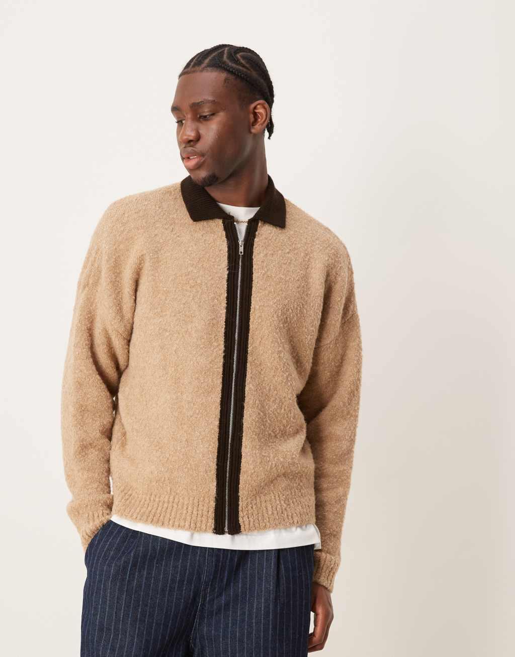 ASOS DESIGN oversized knit textured contrast zip through in beige Product Image