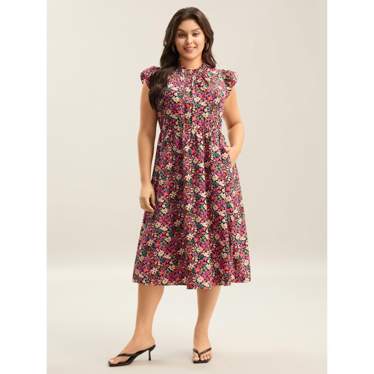Plus Size Floral Print Shirred Pockets Midi Dress BlackFlower Women Romantic Frill Trim Mock Neck Cap Sleeve Curvy BloomChic 10/M Product Image