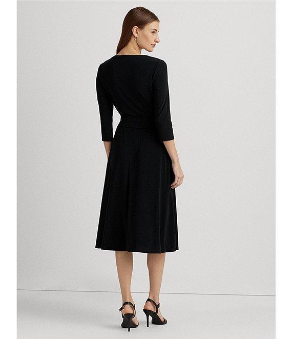 Lauren Ralph Lauren Wrap Front V-Neck 3/4 Sleeve Jersey Machine Washable Midi Dress Product Image
