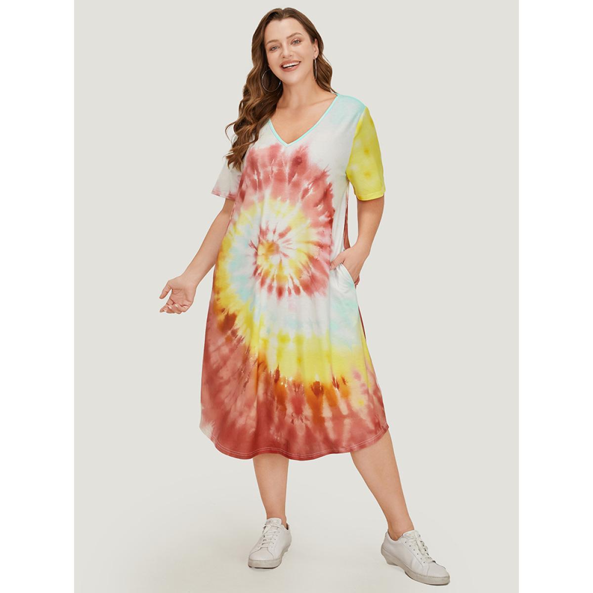 Plus Size Tie Dye Pocket Short Sleeve V Neck Midi Dress Multicolor Women Casual Printed V-neck Short sleeve Curvy Midi Dress BloomChic 12/L Product Image