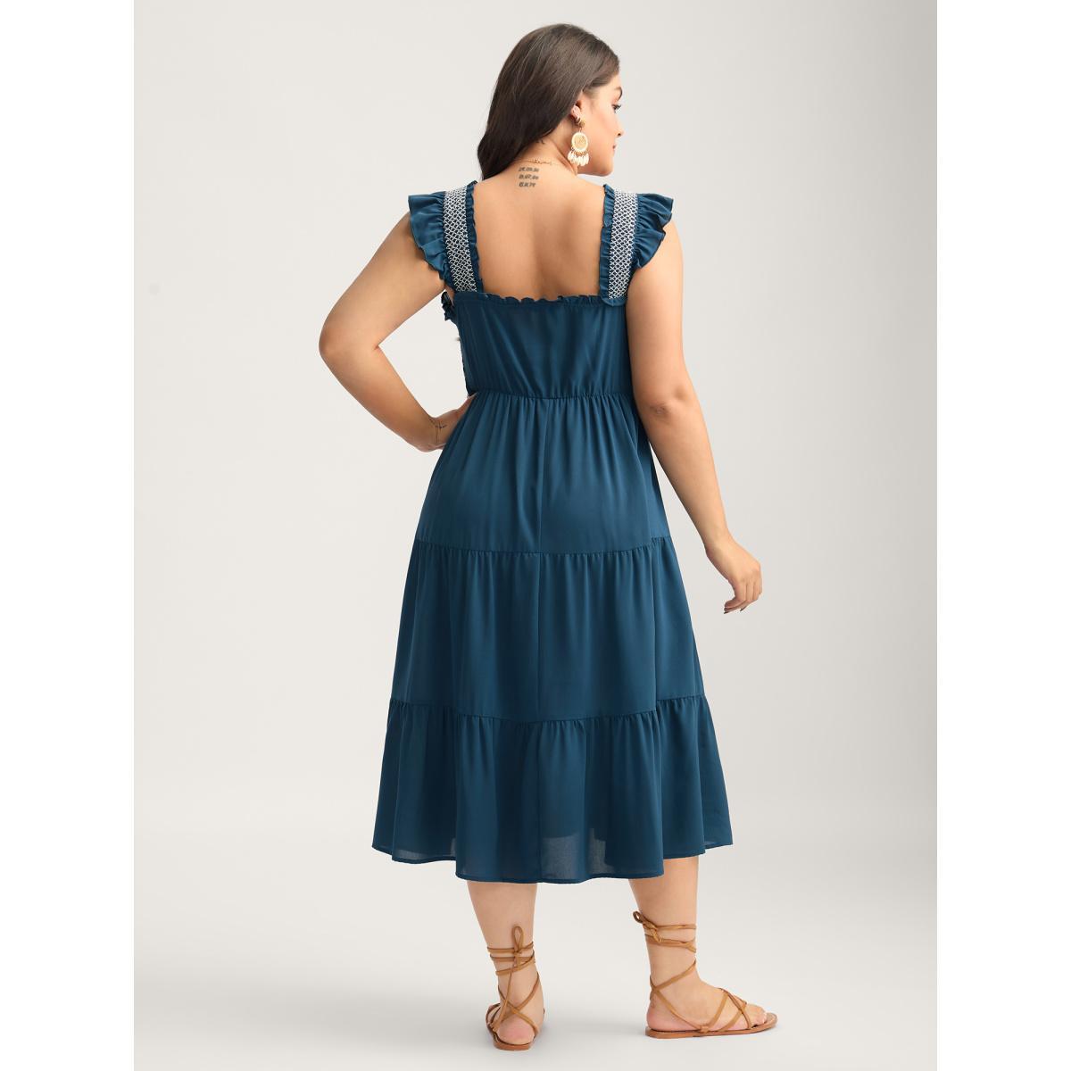 Plus Size Fancy Shirred Flutter Tiered Pockets Midi Dress Aegean Women Gathered Square Neck Sleeveless Curvy BloomChic 30/6X Product Image