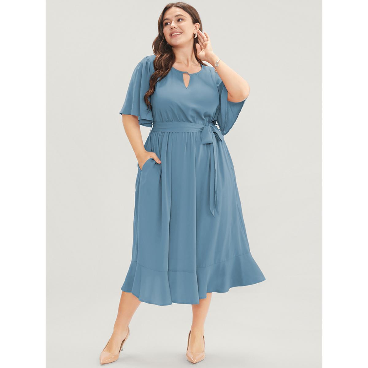 Plus Size Solid Keyhole Round Neck Pocket Belted Flutter Dress Stone Women Office Belted Round Neck Half Sleeve Curvy Midi Dress BloomChic 12/L Product Image