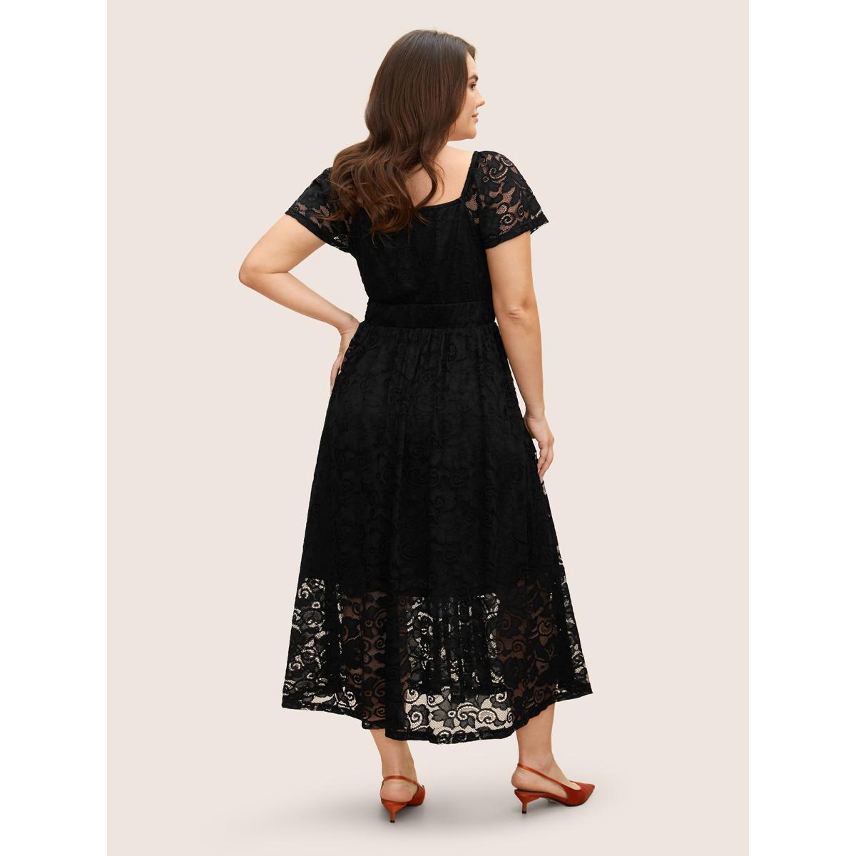 Plus Size Heart Neckline Crochet Lace Mesh Flutter Sleeve Dress Black Women Elegant Woven ribbon&lace trim Heart neckline Cap Sleeve Curvy BloomChic 14-16/1X Product Image