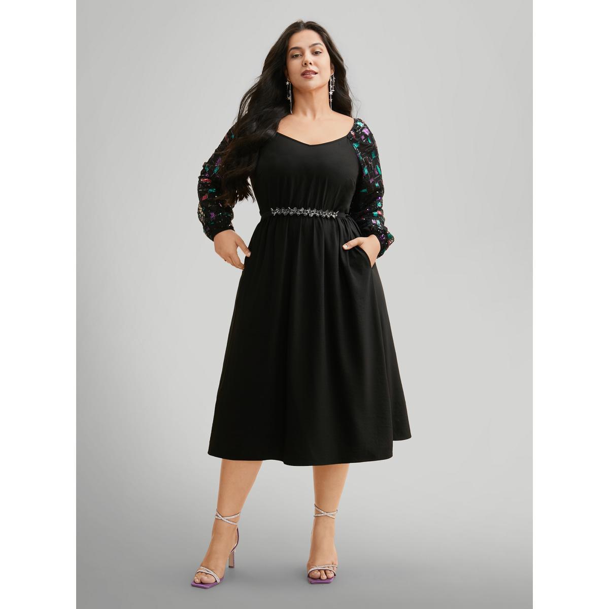 Plus Size Heart Neckline Sequin Mesh Patchwork Dress Black Women Cocktail Texture Party Curvy Bloomchic 22-24/3X Product Image