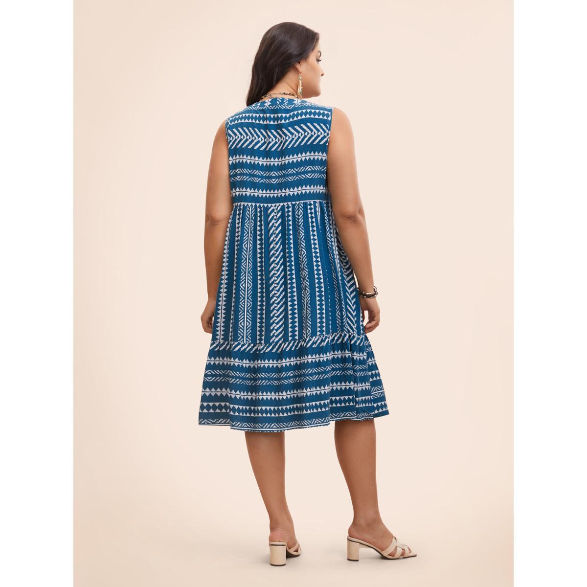 Plus Size Striped Geometric Pocket Ruffle Hem Sleeveless Tank Dress Aegean Women Casual Non V-neck Sleeveless Curvy BloomChic 26/4X Product Image