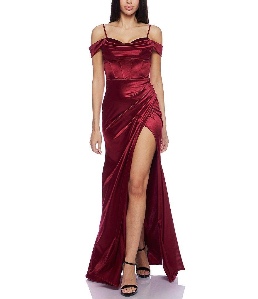 B. Darlin Off-The-Shoulder Corset Wrap Side Slit Long Dress Product Image
