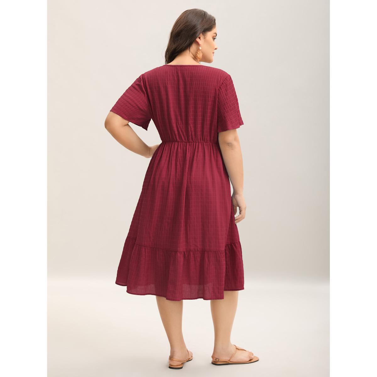 Plus Size Lace Textured Pockets Tiered Midi Dress Burgundy Women Boho V-neck Short sleeve Curvy BloomChic 10/M Product Image