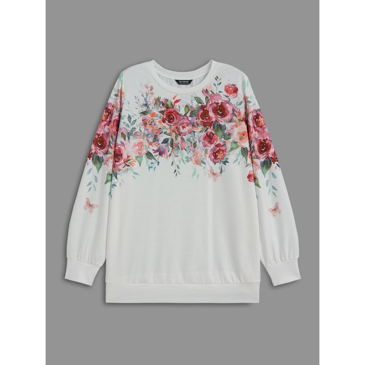 Plus Size Watercolor Floral Print Round Neck Sweatshirt Women WhiteSmoke Elegant Contrast Loose Round Neck Everyday Sweatshirts BloomChic 12/L Product Image