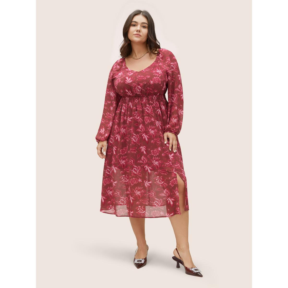 Plus Size Square Neck Floral Shirred Gathered Mesh Dress Russet Women Elegant See through Square Neck Long Sleeve Curvy Midi Dress BloomChic 12/L Product Image